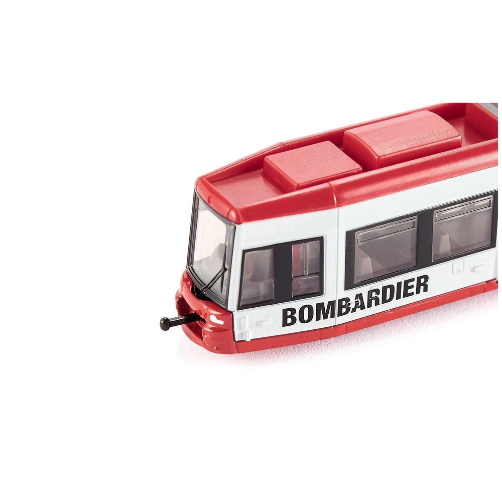 Siku Bombardier Tram toy features a glossy red roof, white body, black windows, and "BOMBARDER" text on the side.