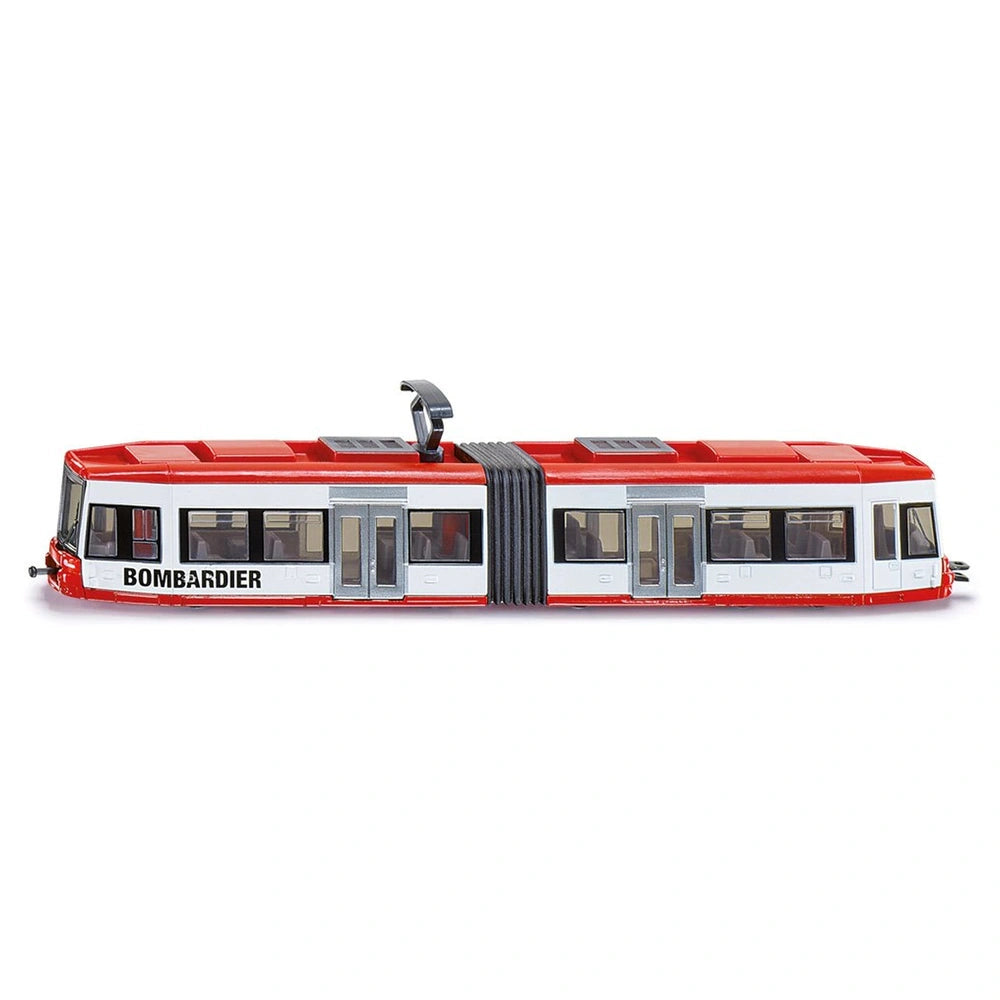 Bombardier tram model in red and white plastic with clear windows, featuring black text on the side and a small roof antenna.