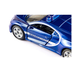 Siku Bugatti Chiron Gendarmerie model car in glossy blue with white stripe, open doors, tinted windows, and matte black wheel