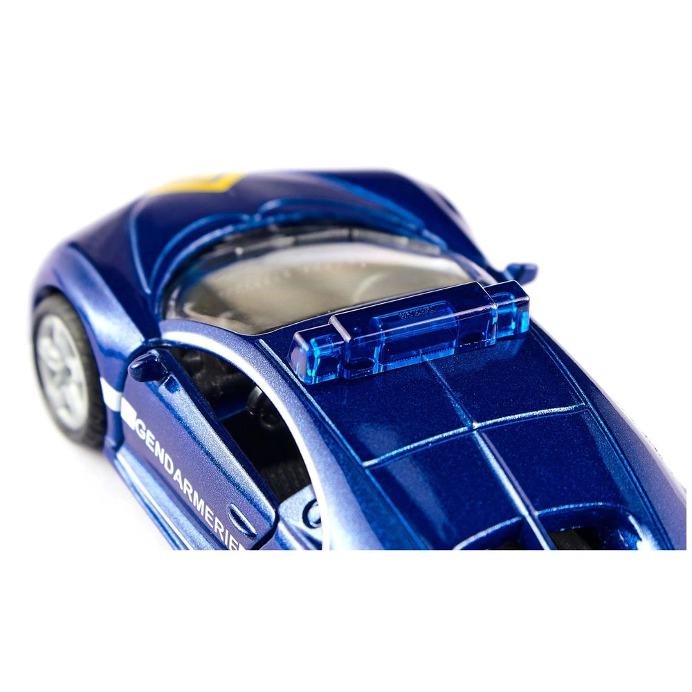 Blue Bugatti Chiron toy car with glossy finish, featuring police markings, wheels, and a convertible design.