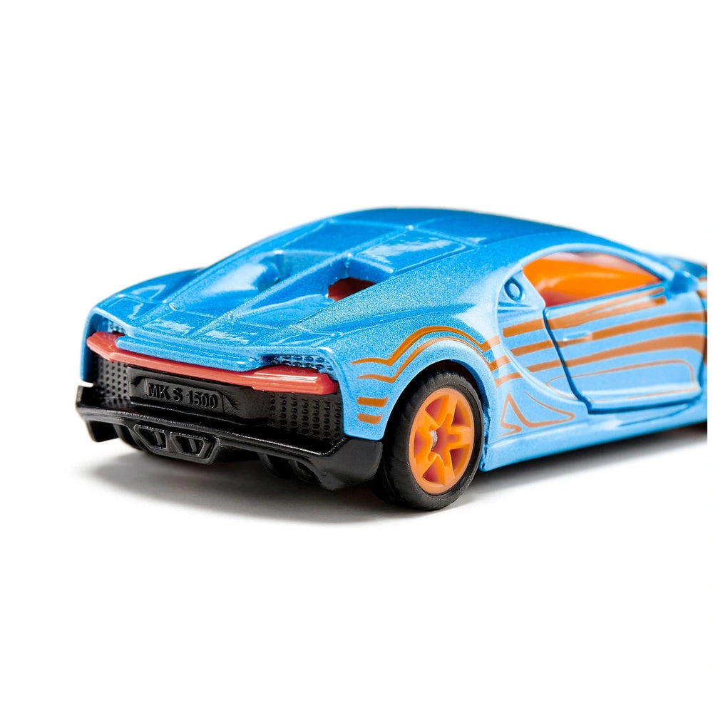 Siku Bugatti Chiron toy car in glossy blue with orange accents and a red stripe, showcasing its sleek design and details.
