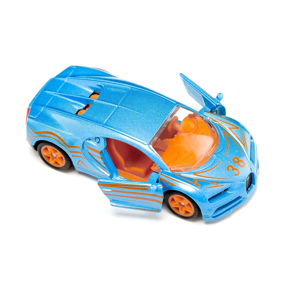 Siku Bugatti Chiron toy car in blue with orange accents, featuring a glossy finish and detailed components on a white backgro