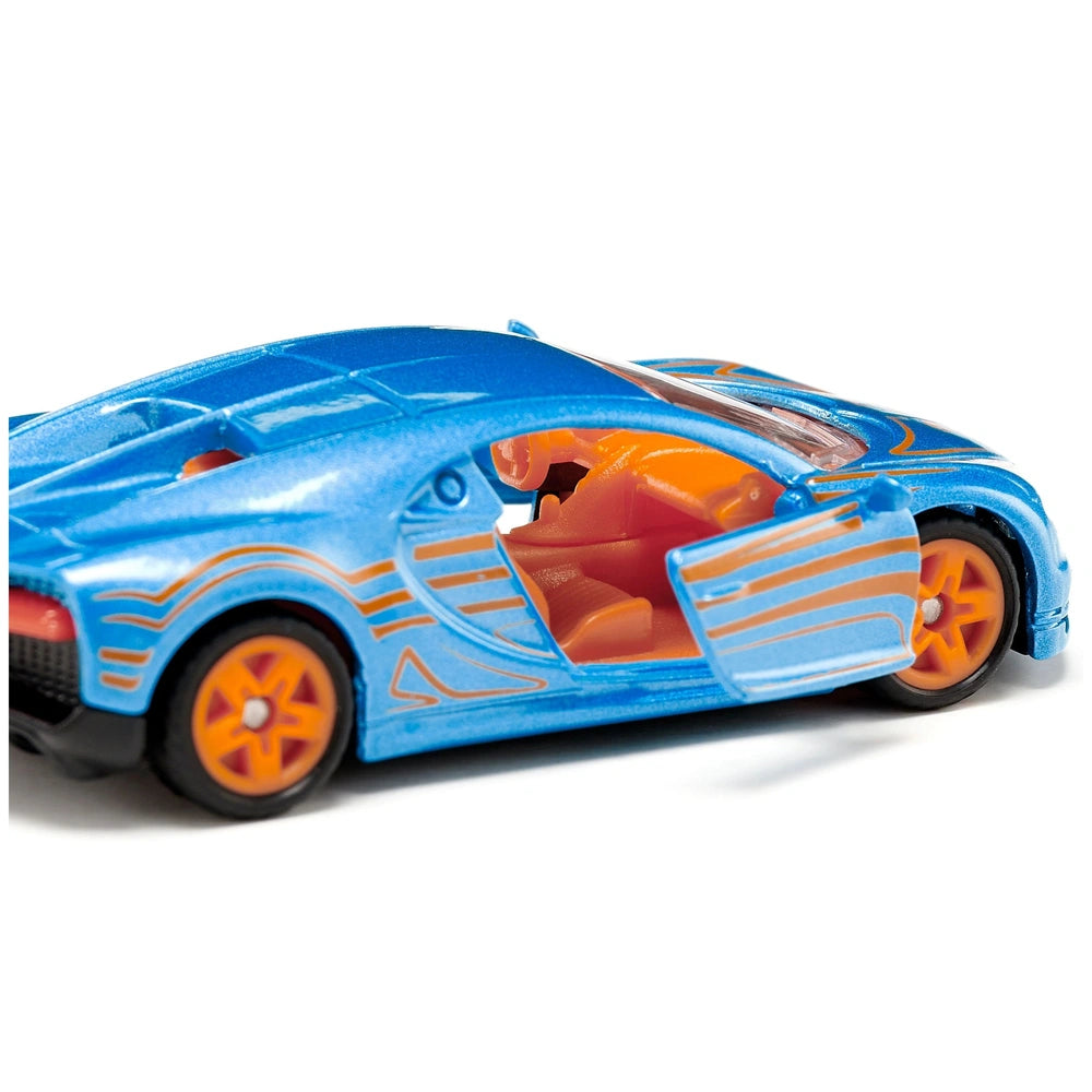 Bugatti Chiron toy car features a blue body with orange accents, showcasing a glossy finish against a light background.