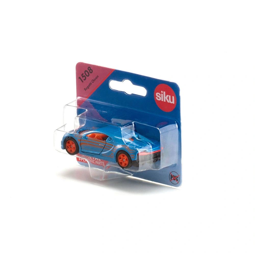 Siku Bugatti Chiron toy car in blue and orange packaging with visible branding and a glossy finish.