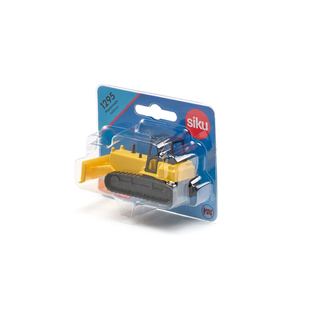 Siku bulldozer toy in a blue translucent container with a yellow lid, featuring white text "1295" and "SILKU."