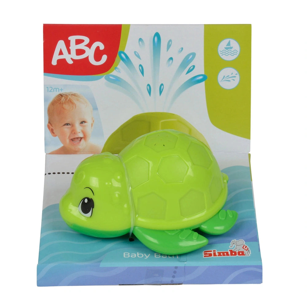 Simba ABC Bathing Turtle bath toy with green shell, smiling face, on packaging promoting fun baby bath time.