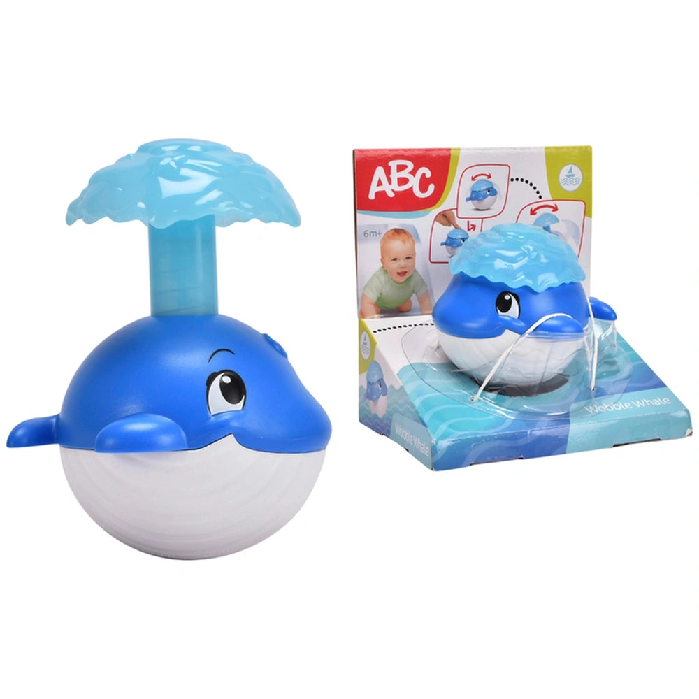 Simba ABC Wobble Whale bath toys featuring an inflatable whale and a squirting plastic whale in colorful packaging.