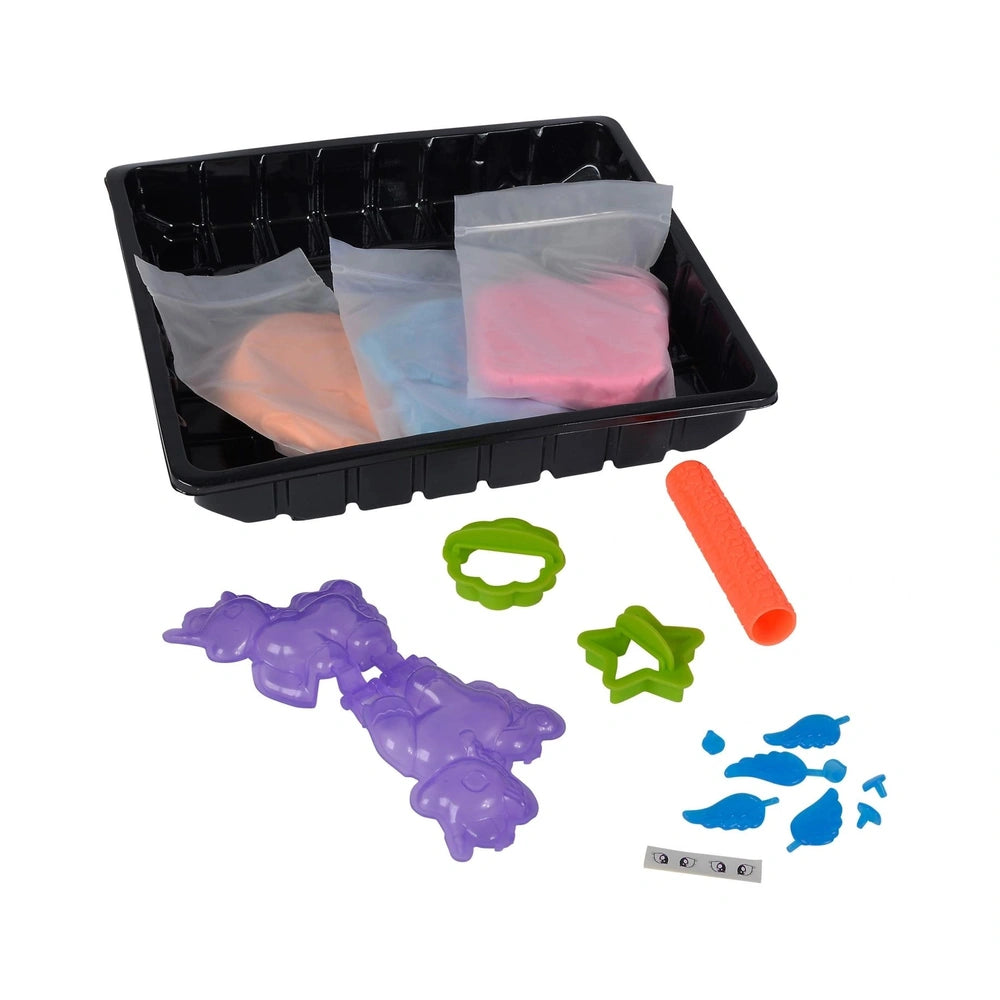Simba Art & Fun Playsand Set Unicorn features assorted fabric items and colorful plastic shapes for creative play and craftin