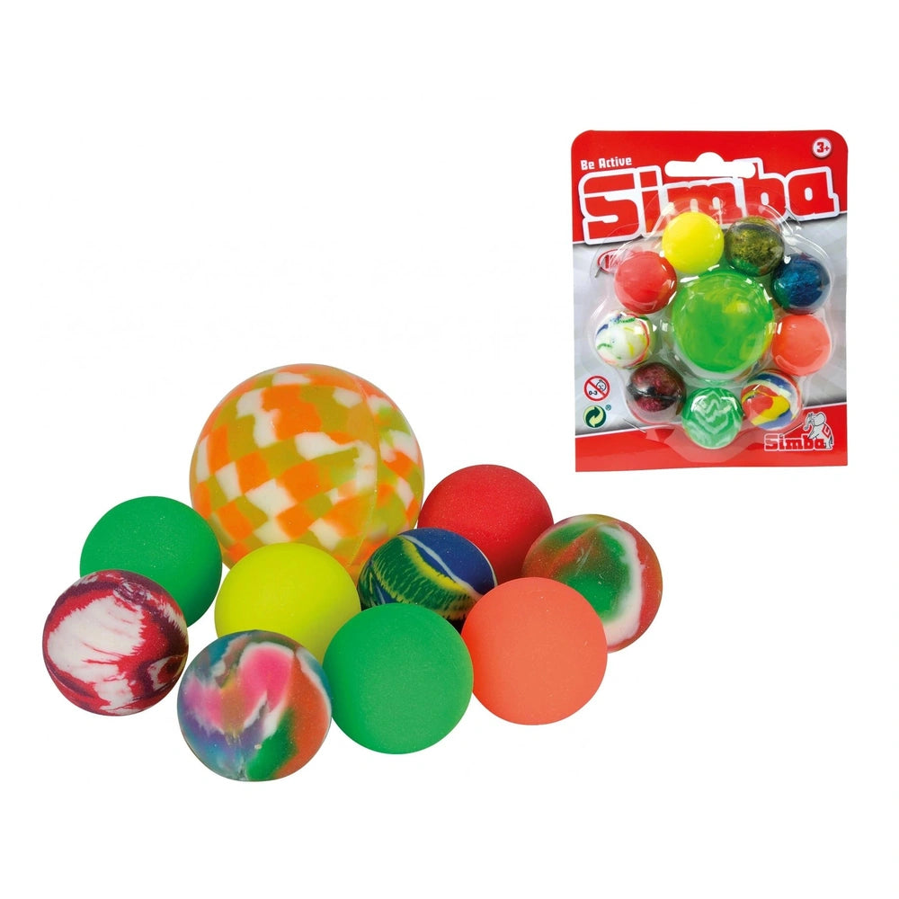 Simba Bouncing Balls Set of 10, colorful rubber balls in various sizes, packaged with BE ACTIVE branding.