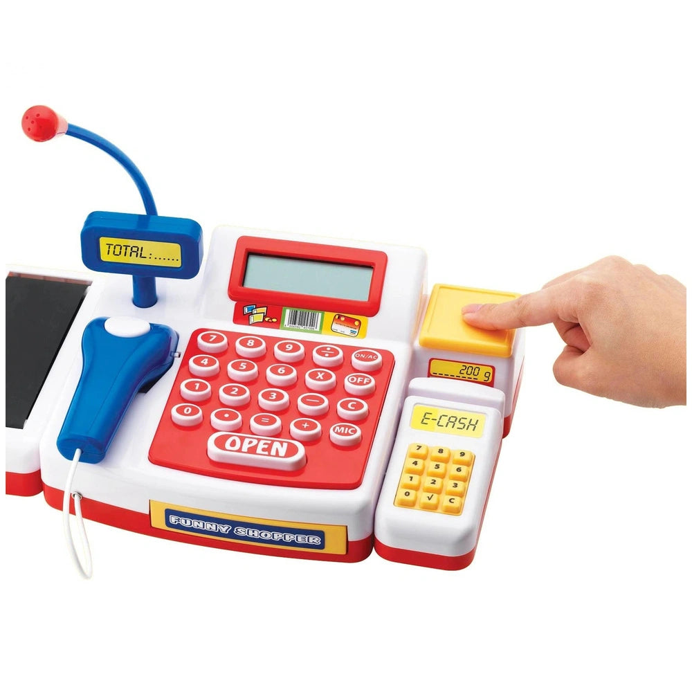 Simba Checkout Counter toy in red and white, features a scanner, keypad, and interactive E-CASH button for pretend play.