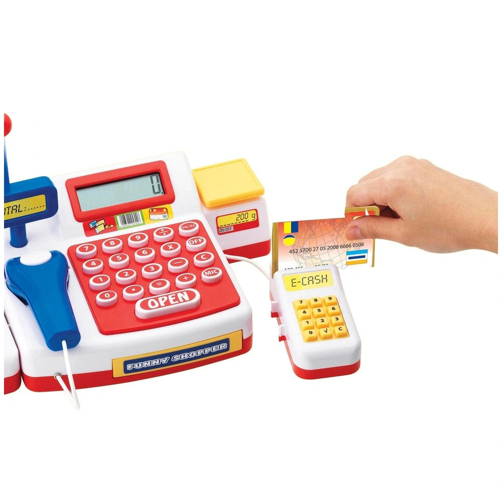 Simba Checkout Counter with Scanner is a vibrant red toy cash register for kids, featuring a keypad and E-CASH card slot.
