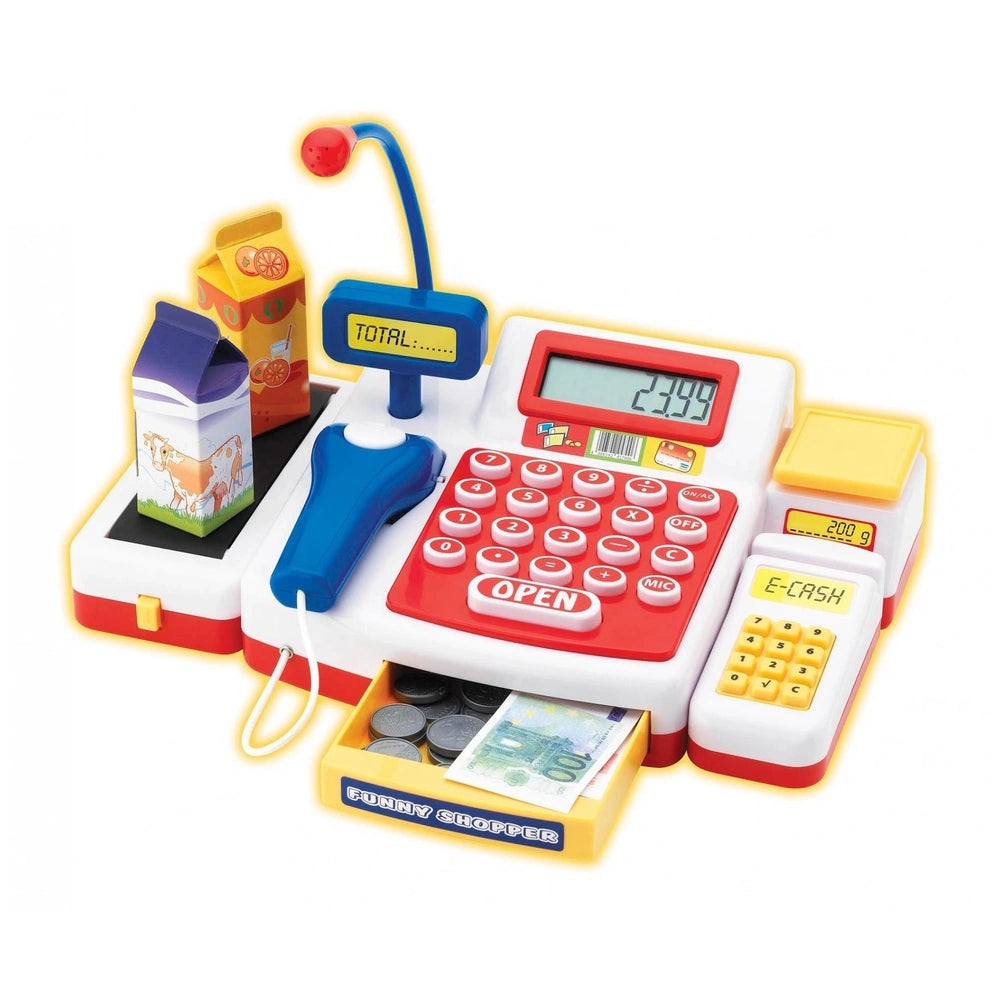 Simba Checkout Counter with scanner, toy cash register set featuring colorful design, coins, milk, and juice cartons for role