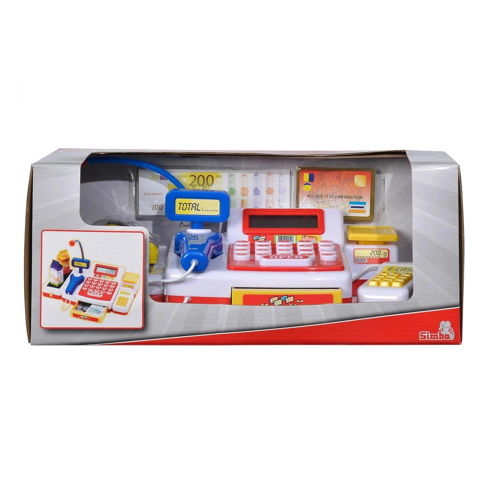 Simba checkout counter playset with cash register, scale, price tags, toys, and credit cards for imaginative shopping fun.