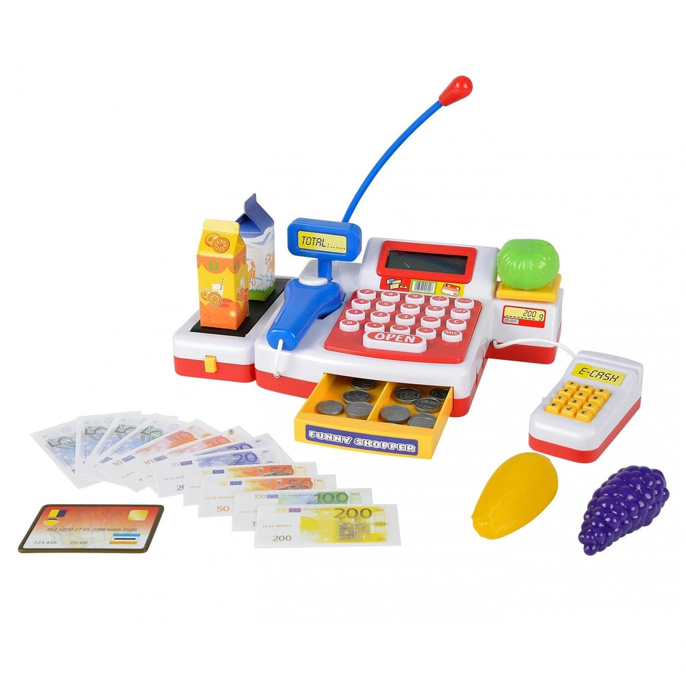 Simba Checkout Counter toy set features a cash register, fake currency, and credit card machine on a white background.