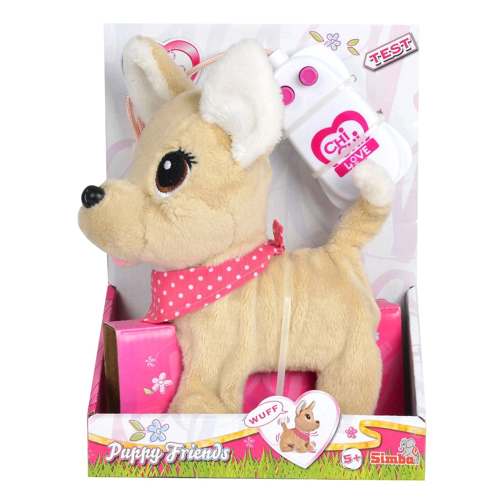 Simba Chi Chi Love Puppy Friends plush toy in a colorful box with a remote control, featuring a cute beige dog design.