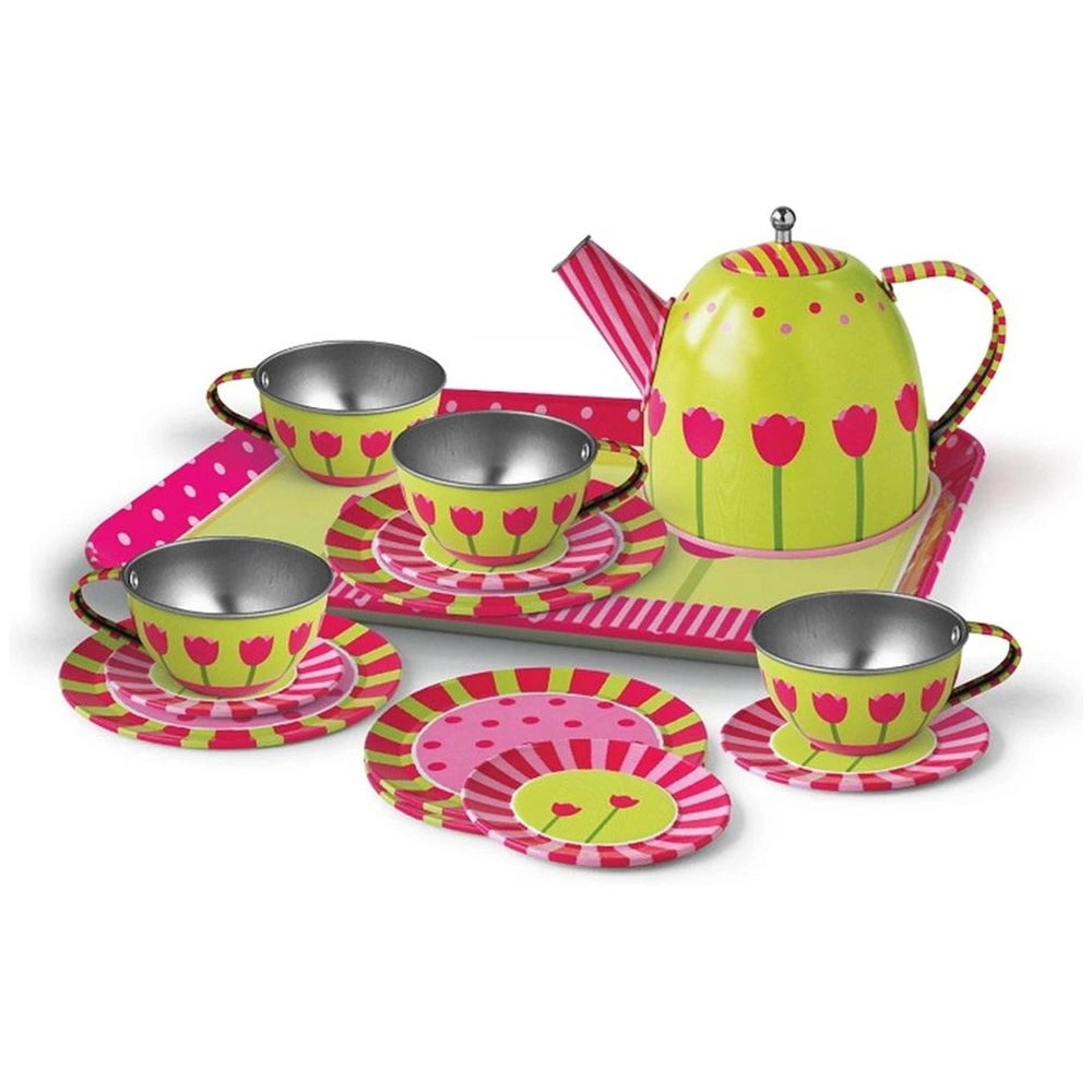 Simply Tulip Tea Time Tin Tea Set features a colorful plastic tea pot, cups, and saucers arranged on a patterned tray.