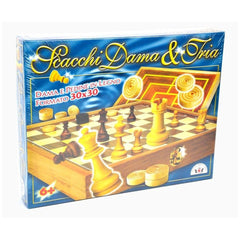 STELLA Scacchi-Dama-e-Tria board game features a glossy chessboard, yellow pieces, and clear plastic packaging with printed d
