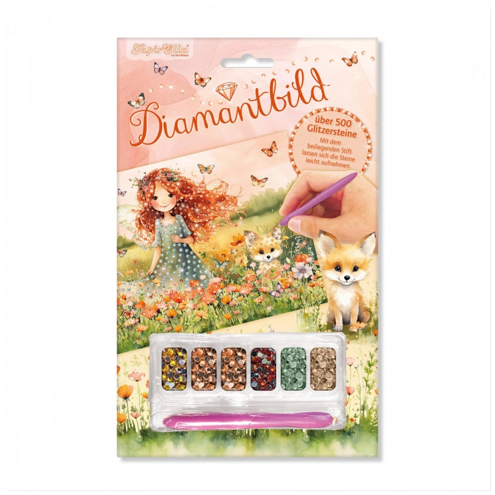 TapirElla Diamond Painting Elves retail packaging features a pink background, red-haired character, flowers, and a purple pen