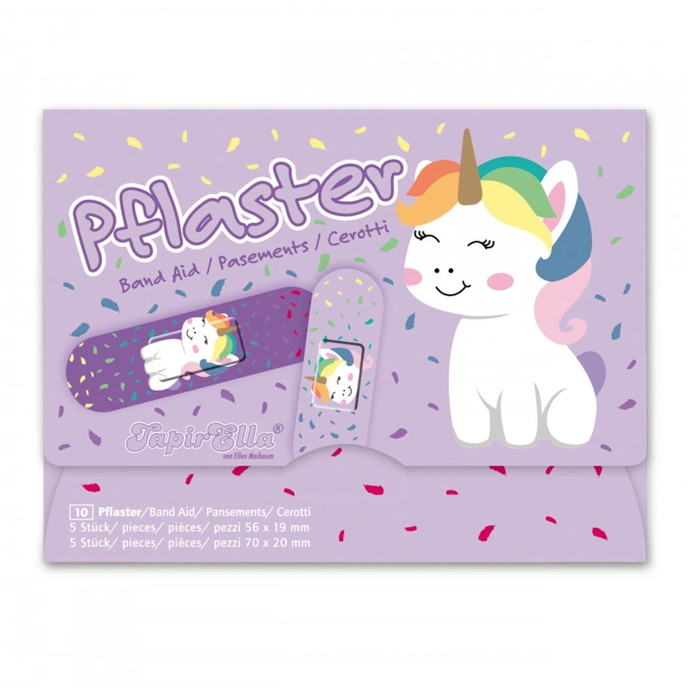TapirElla Unicorn Patches 20 Pcs retail packaging in matte cardboard with purple background and colorful dot pattern.