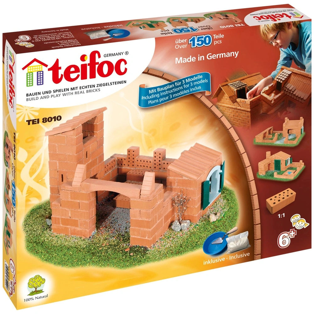 Teifoc Castle-House building toy set packaging features a child constructing with brown bricks and a blue pan, highlighted in