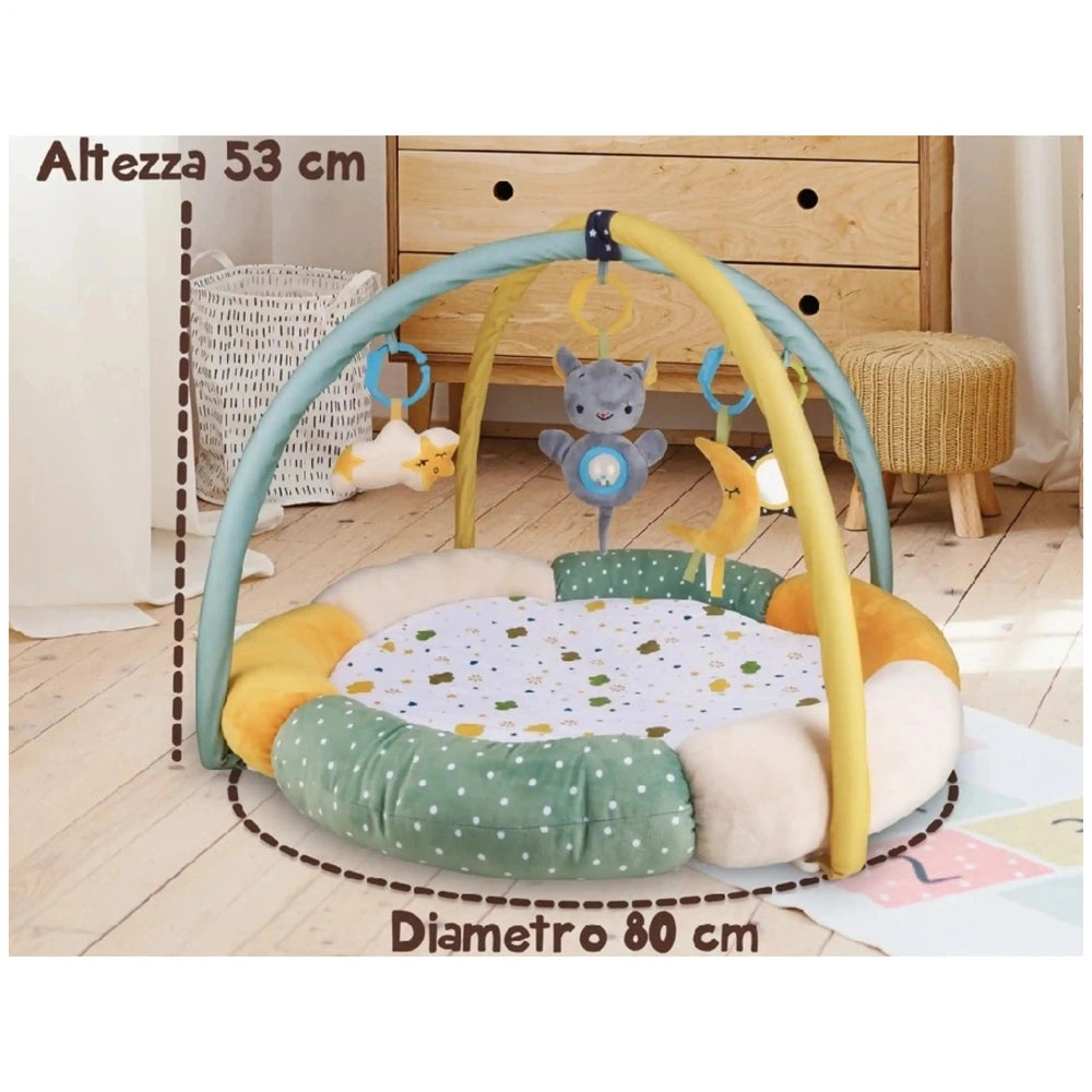 Teorema GoGO Soft Play Gym features a colorful play mat with a plush surface, complemented by a hanging toy bar for children.