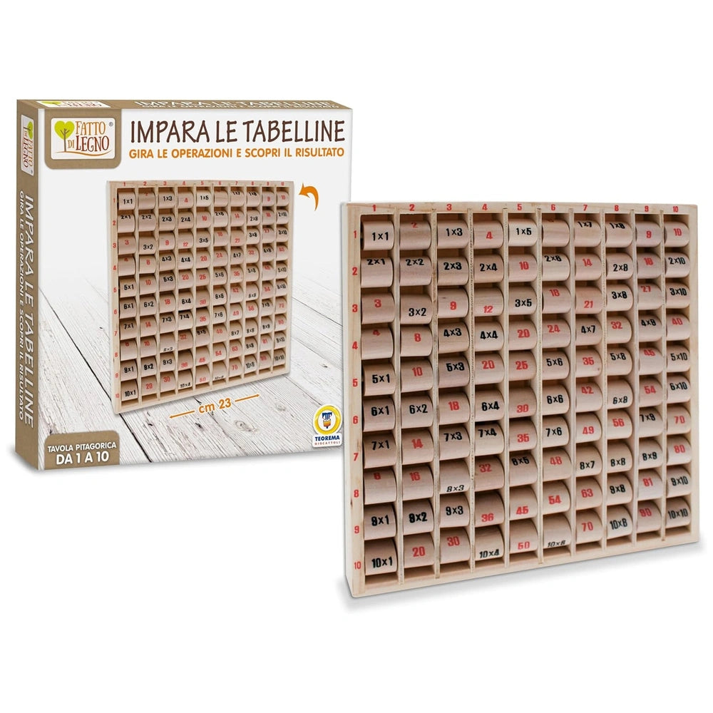 Teorema's "Impara le Tabelline" features a wooden tray with numbered compartments, promoting educational play.