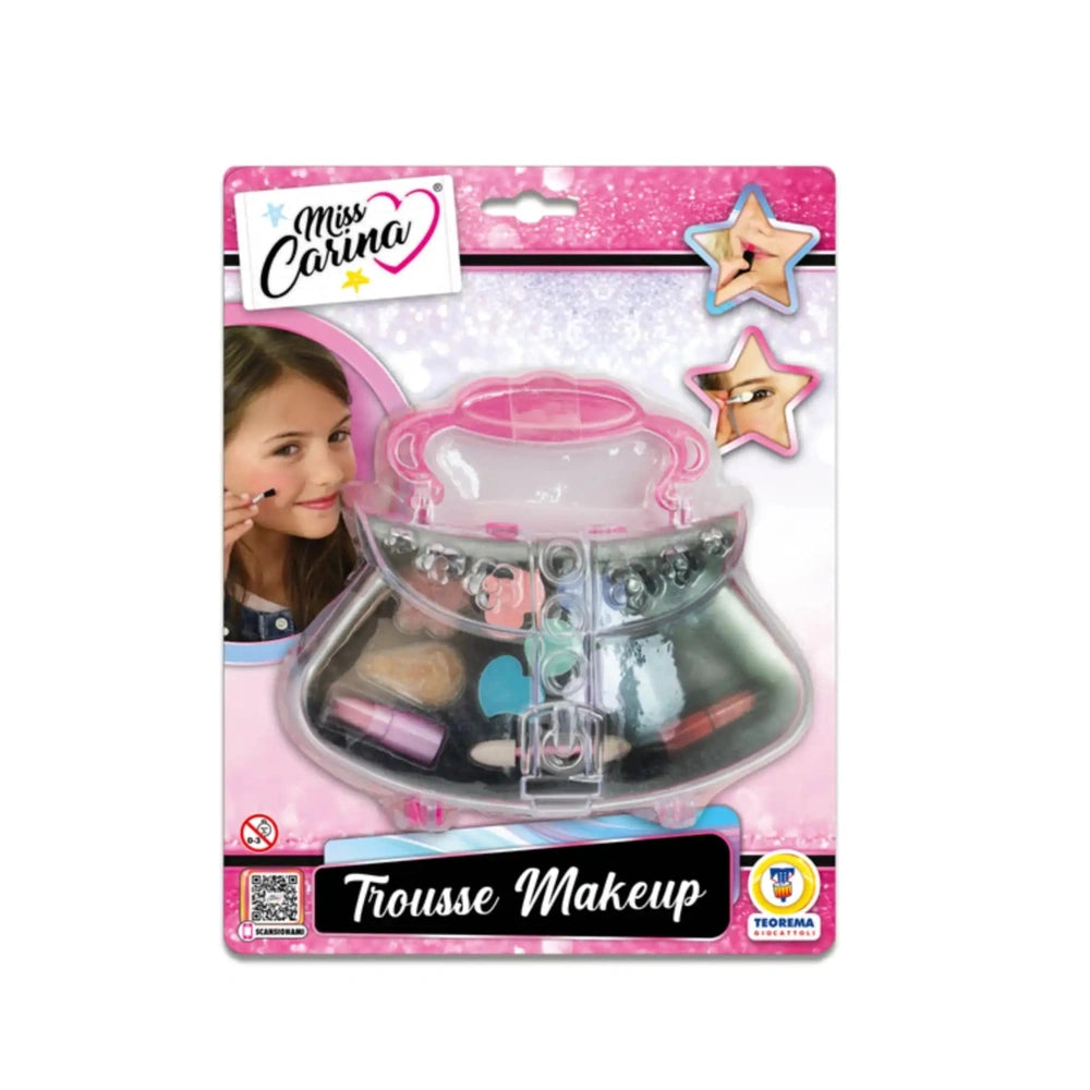 Teorema Miss Carina Trousse Makeup Set features a pink packaging with a clear window showcasing colorful toy makeup component