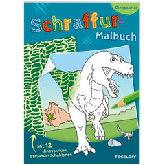 Dinosaur coloring book cover featuring vibrant illustrations, textured green background, and the title "Schraffur Malbuch" in
