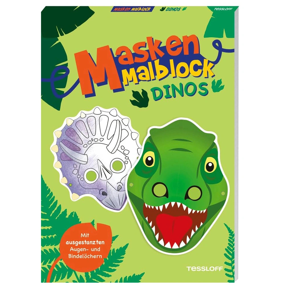 Dinosaur mask coloring book cover features green and purple cartoon dinosaurs with bold orange title on a vibrant green backg