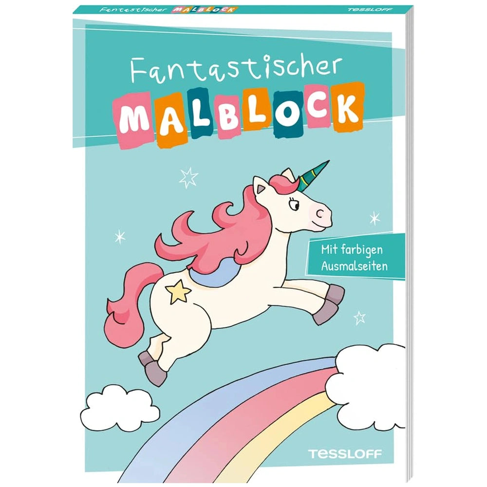 Fantastic Coloring Book features a whimsical unicorn flying in a colorful sky with a rainbow and playful title text.