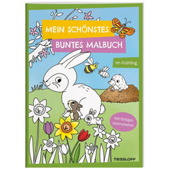 TESSLOFF's "Mein Schönstes Buntes Malbuch" features a colorful illustration of a white rabbit in a vibrant spring garden.