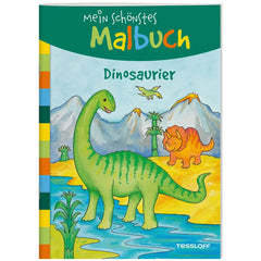 My Most Beautiful Coloring Book features a vibrant dinosaur illustration on a glossy cover, designed for children.