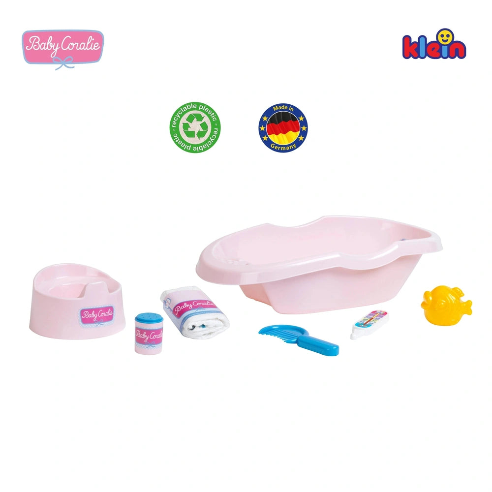 Theo Klein Baby Coralie bathtub set with pink toy, blue brush, yellow toy, made of plastic and rubber, suitable for 1 year+.