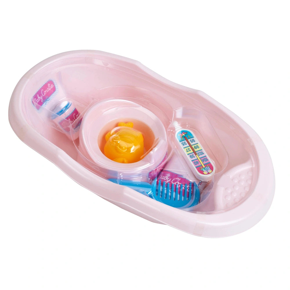 Theo Klein Baby Coralie bathtub set features multiple plastic containers with lids and transparent windows for dolls playsets
