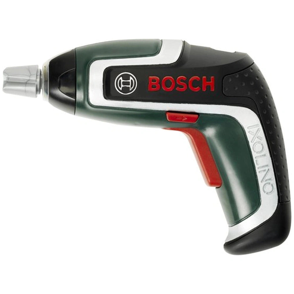 Theo Klein Bosch cordless screwdriver in matte green with black grip and visible internal components through clear window.
