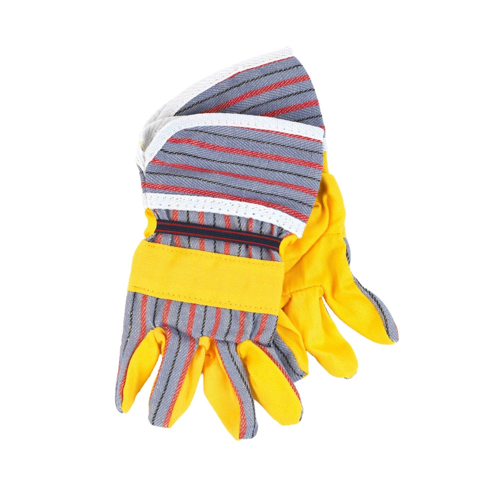 Theo Klein Bosch accessory set includes a fabric glove with a yellow strap, gray and red stripes, and yellow palm and wrist a