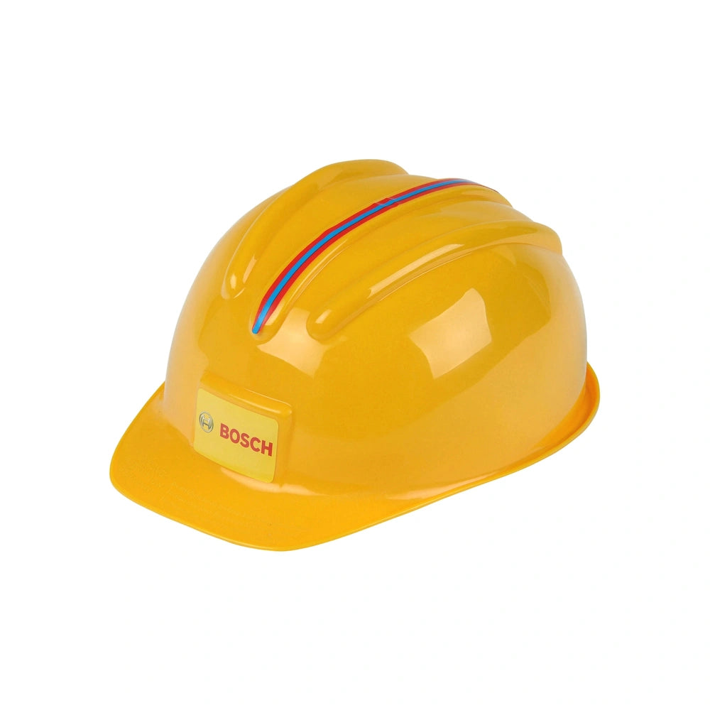 Theo Klein Bosch accessories set features a bright yellow helmet with blue and red stripes, visor, chin strap, and "BOSCH" la