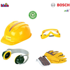 Theo Klein Bosch accessories set featuring a yellow helmet, goggles, and gloves designed for children ages 3-12.