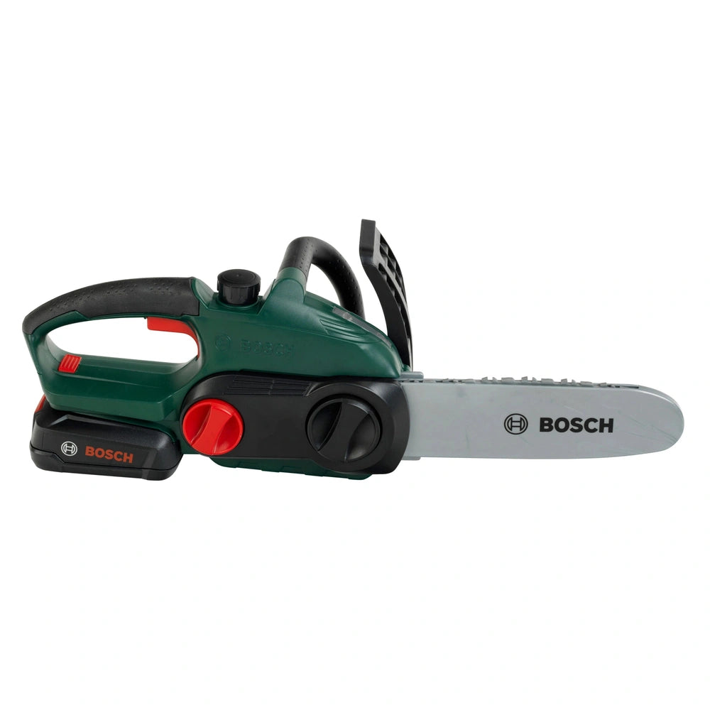 Theo Klein Bosch chain saw toy with green and black design, red trigger, black handle, and "BOSSCH" branding.