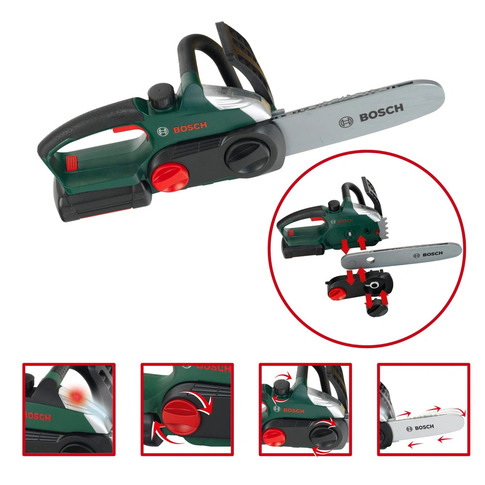 Theo Klein Bosch chainsaw with a green plastic casing, silver serrated blade, black handle, and red trigger.