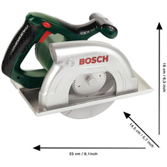 Theo Klein Bosch circular saw with a green rubber handle and glossy silver metallic body, featuring visible text and circular