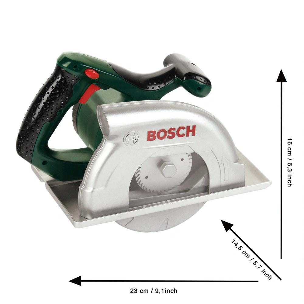 Theo Klein Bosch circular saw in green with a black handle, red button, white cutting wheel, and visible brand name "BOSCCH".