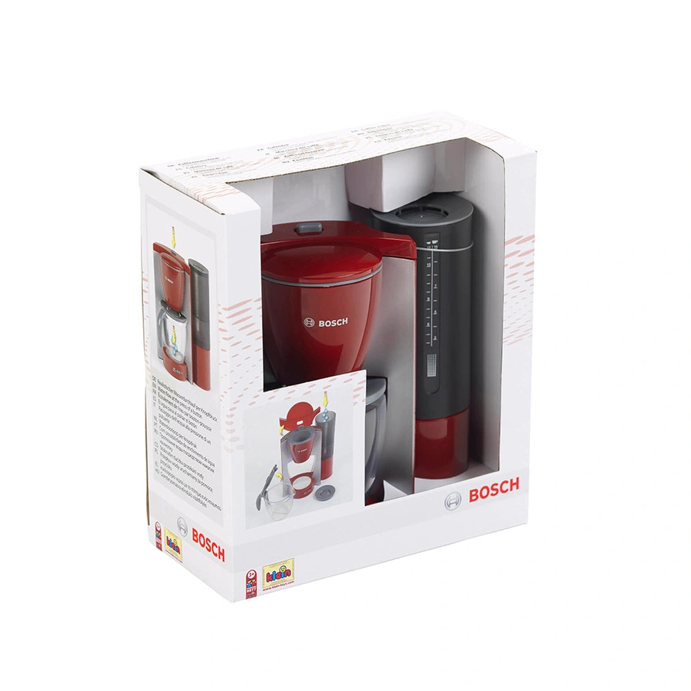 Theo Klein Bosch coffee maker packaging featuring red and black plastic components and glossy cardboard with white and red in