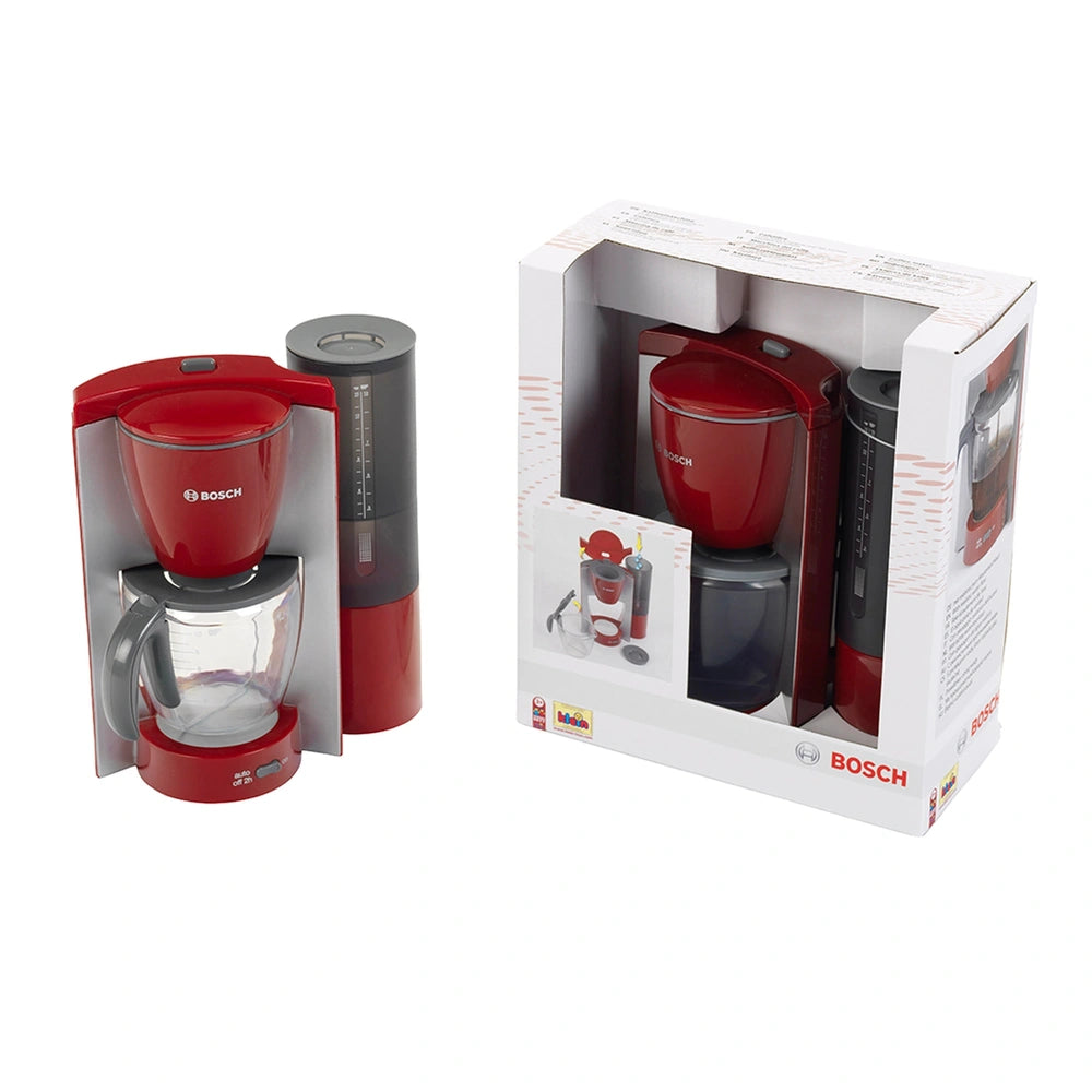 Theo Klein Bosch coffee maker in red and black plastic with a coffee cup, featuring "BOSCCH" label and clear windows.