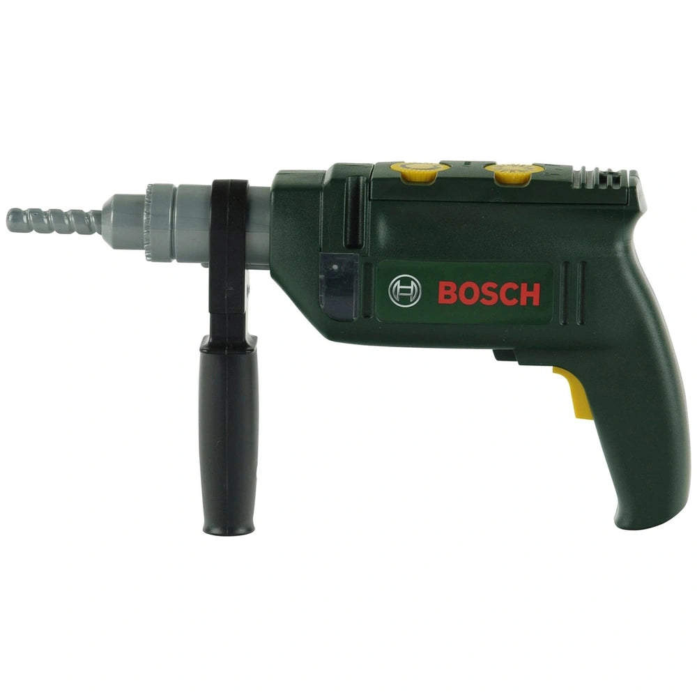 Theo Klein Bosch drill with green body, yellow trigger, and black handle featuring matte finish and visible "BOSCCH" branding