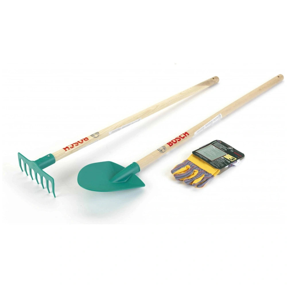 Theo Klein Bosch garden set featuring a wooden handle, green shovel head, yellow trowel head, and labeled plastic packaging.