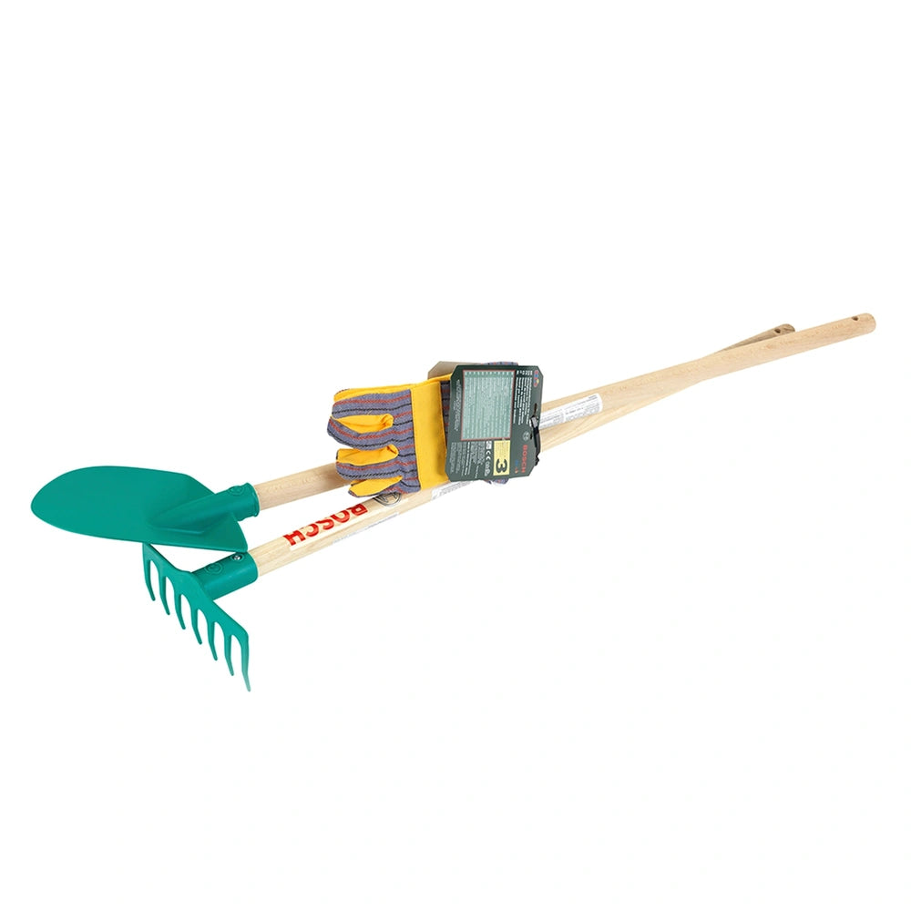 Theo Klein Bosch Garden gardener set featuring three tools with wooden handles and green plastic heads, designed for outdoor 