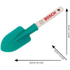 Theo Klein Bosch garden hand shovel with a green plastic blade and brown wooden handle, featuring a "BOSCH" logo.