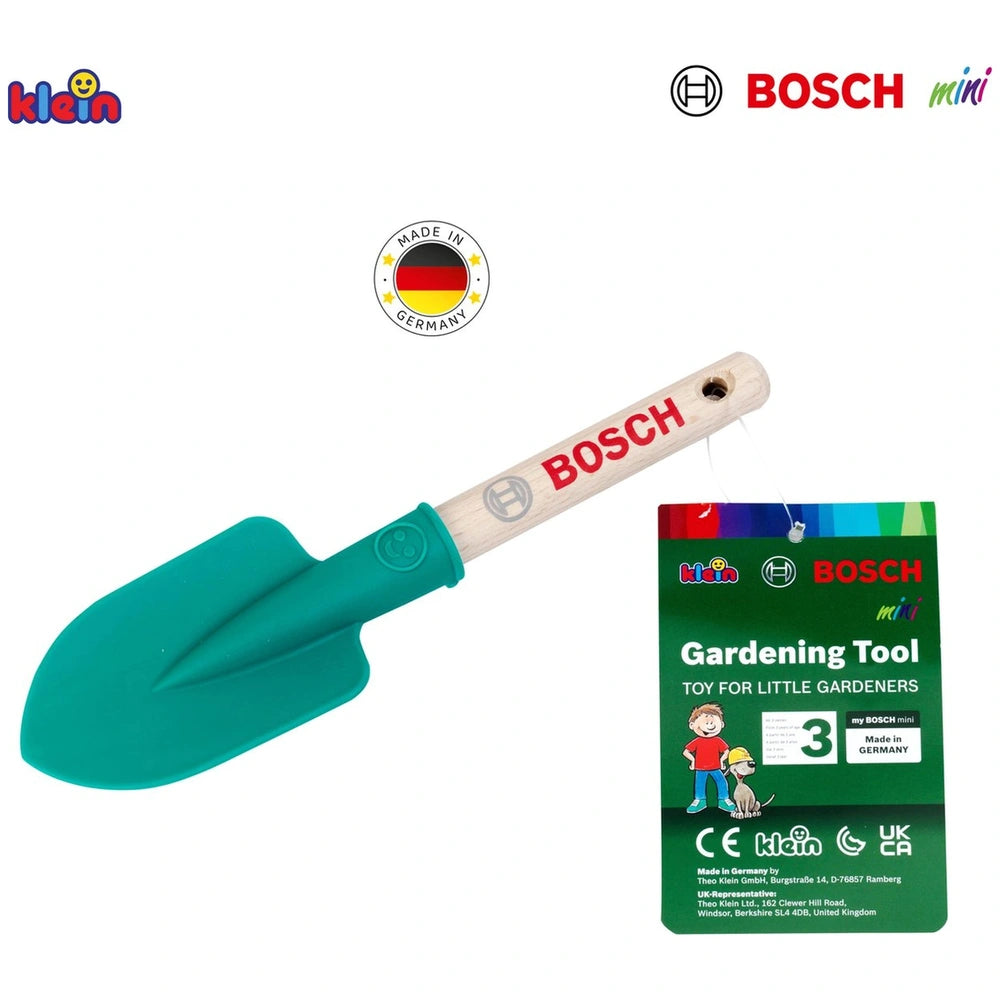 Theo Klein Bosch Garden hand shovel with a green blade, brown wooden handle, and colorful packaging featuring gardening tool 