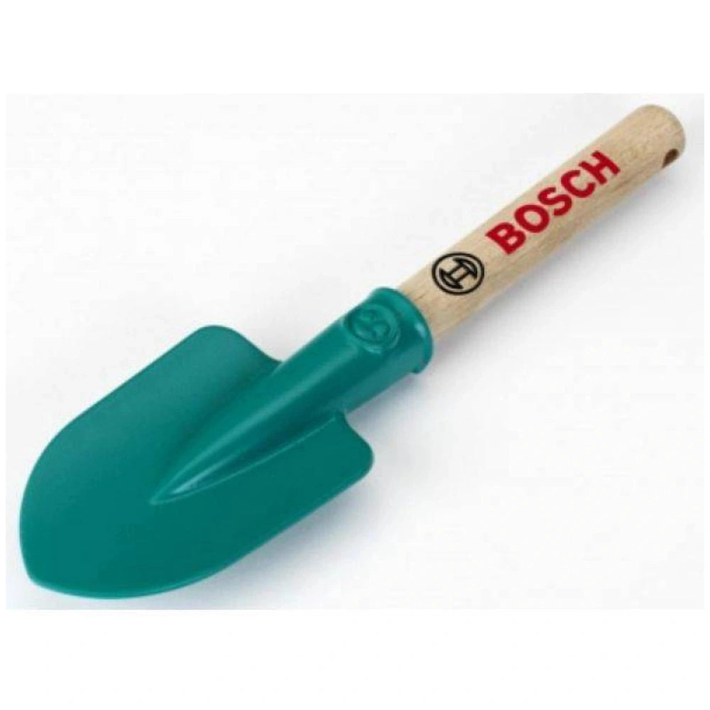 Theo Klein Bosch garden hand shovel features a green plastic blade and a brown wooden handle with "BOSCH" branding.